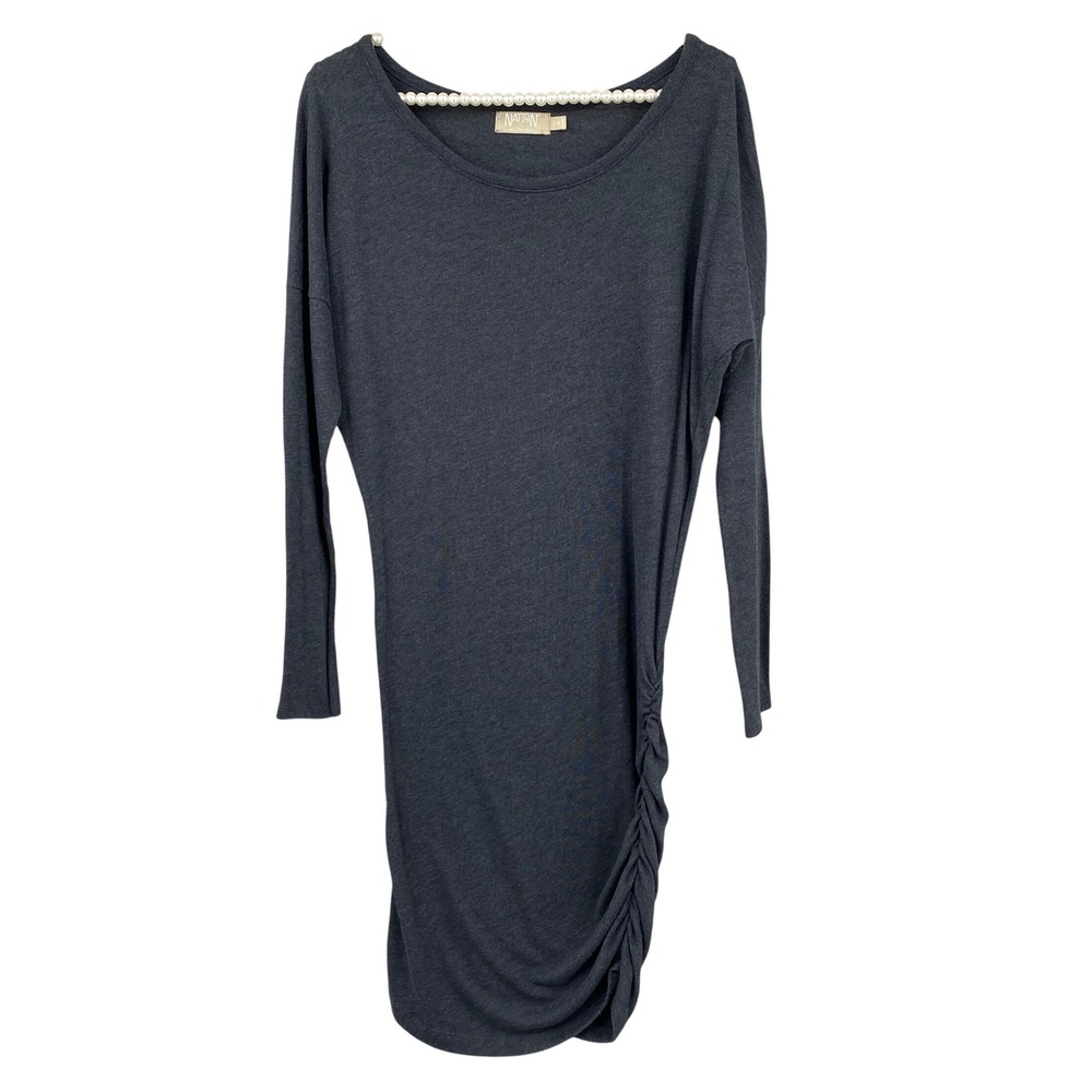 NATION LTD Ruched Side Long Sleeve Knit Dress Gray Blue Size Small Dolman Sleeve